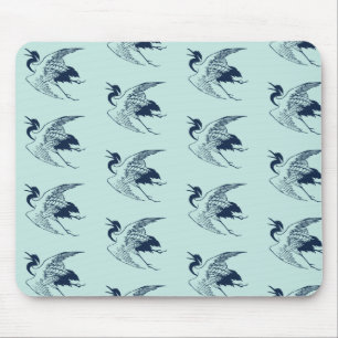 Vintage Japanese Drawing of a Crane, Blue Mouse Pad