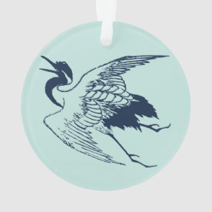 Vintage Japanese Drawing of a Crane, Blue Ornament