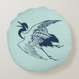 Vintage Japanese Drawing of a Crane, Blue Round Cushion