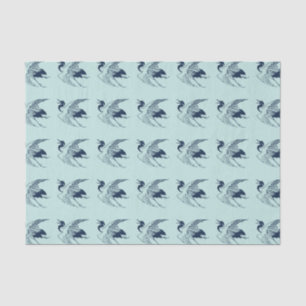 Vintage Japanese Drawing of a Crane, Blue Tissue Paper