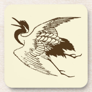 Vintage Japanese Drawing of a Crane, Brown Coaster
