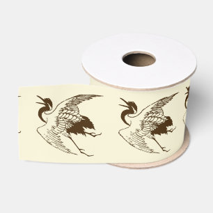Vintage Japanese Drawing of a Crane, Brown Grosgrain Ribbon