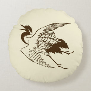 Vintage Japanese Drawing of a Crane, Brown Round Cushion