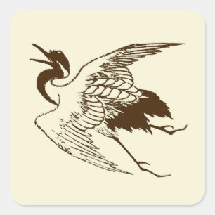 Vintage Japanese Drawing of a Crane, Brown Square Sticker