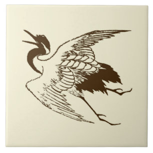 Vintage Japanese Drawing of a Crane, Brown Tile