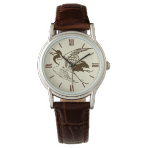 Vintage Japanese Drawing of a Crane, Brown Watch
