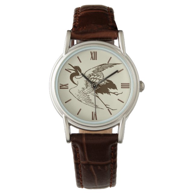 Vintage Japanese Drawing of a Crane, Brown Watch (Front)