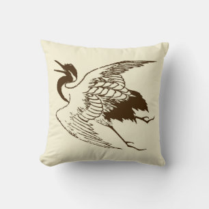 Vintage Japanese Drawing of a Crane in Brown Cushion