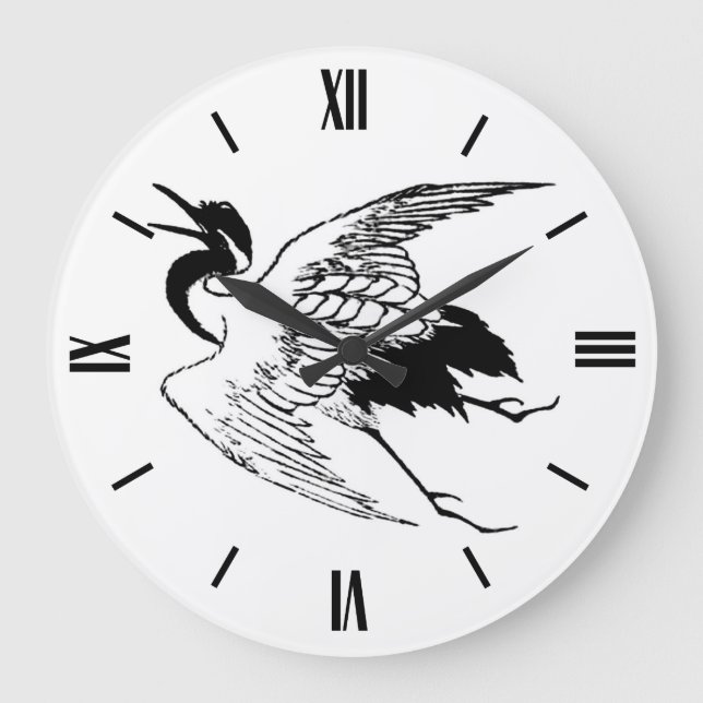 Vintage Japanese Drawing of a Crane Large Clock (Front)
