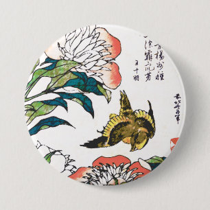Vintage Japanese drawing, Peonies and Sparrow 7.5 Cm Round Badge