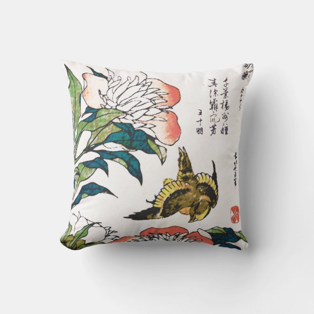 Vintage Japanese drawing, Peonies and Sparrow Cushion (Front)