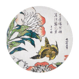 Vintage Japanese drawing, Peonies and Sparrow Cutting Board
