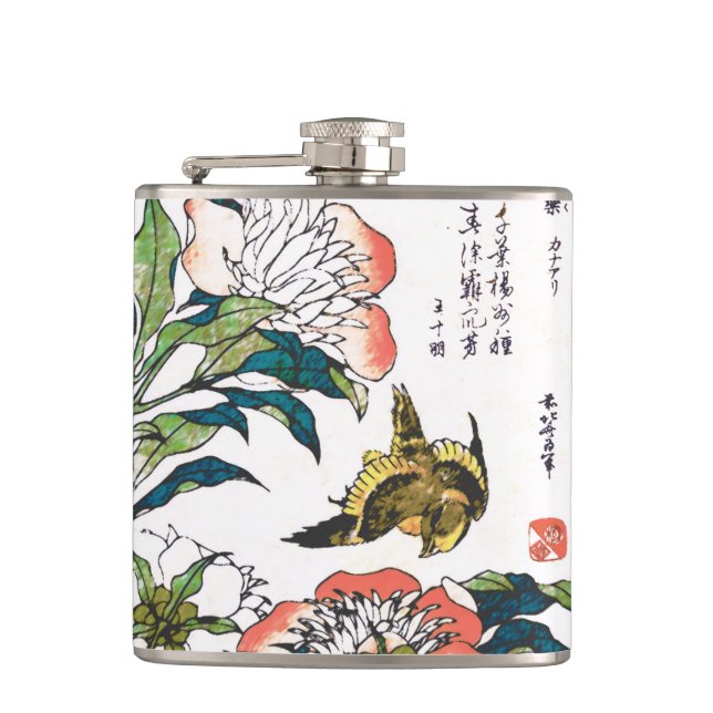 Vintage Japanese drawing, Peonies and Sparrow Hip Flask (Front)