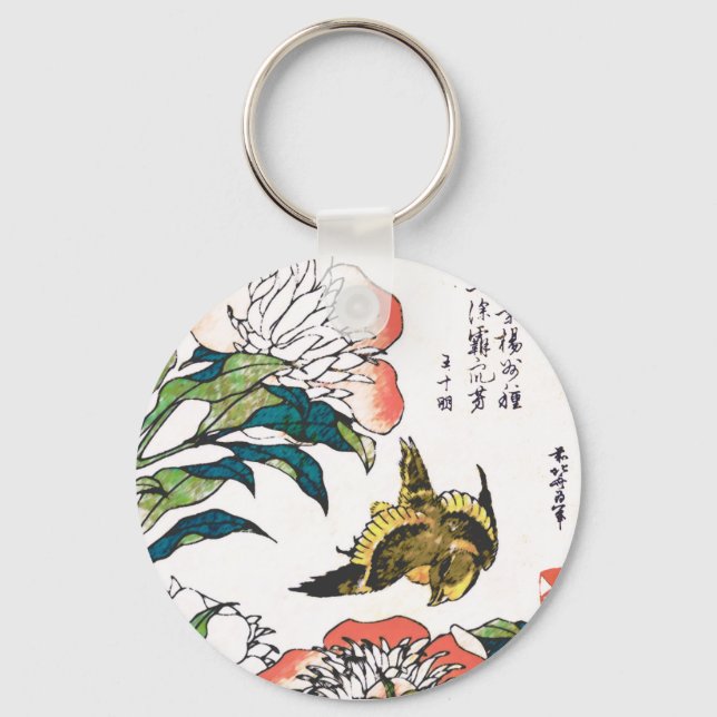 Vintage Japanese drawing, Peonies and Sparrow Key Ring (Front)