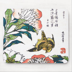 Vintage Japanese drawing, Peonies and Sparrow Mouse Pad