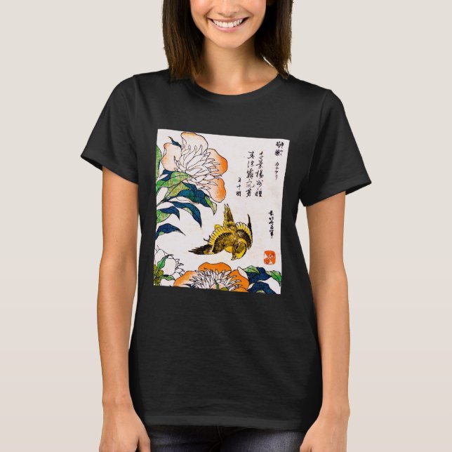 Vintage Japanese drawing, Peonies and Sparrow T-Shirt (Front)