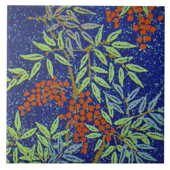 Vintage Japanese Fabric - Berries and Leaves Ceram Tile (Front)