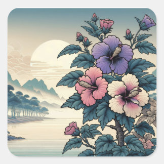 Vintage Japanese Floral Hibiscus Art Square Sticker