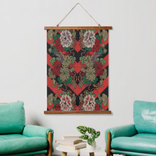 Vintage Japanese Floral Peony Red Black Pattern Hanging Tapestry