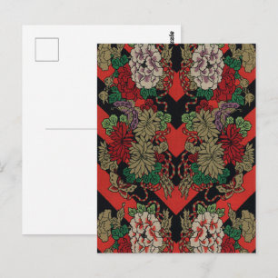 Vintage Japanese Floral Peony Red Black Pattern Postcard