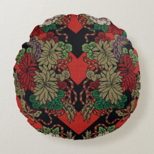 Vintage Japanese Floral Peony Red Black Pattern Round Cushion