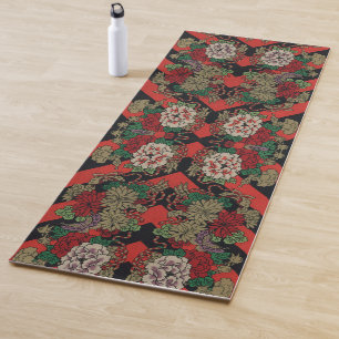 Vintage Japanese Floral Peony Red Black Pattern Yoga Mat