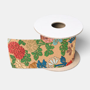 Vintage Japanese Flower Fan Pattern Illustration Satin Ribbon