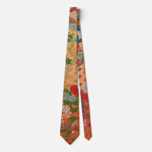 Vintage Japanese Flower Fan Pattern Illustration Tie