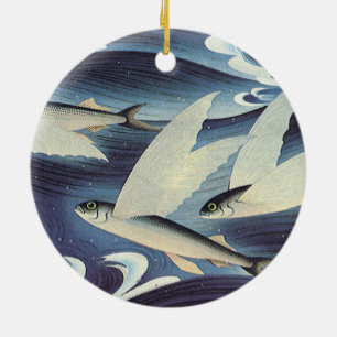 Vintage Japanese Flying Fish in Ocean, Japonism Ceramic Tree Decoration