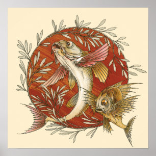 Vintage Japanese Flying Fish with Bamboo Leaves Poster