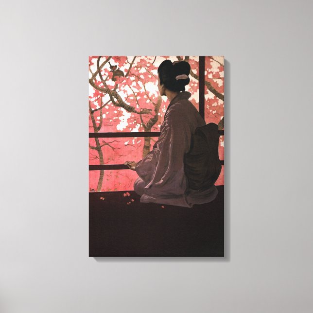 Vintage Japanese Geisha and Cherry Blossoms Canvas Print (Front)