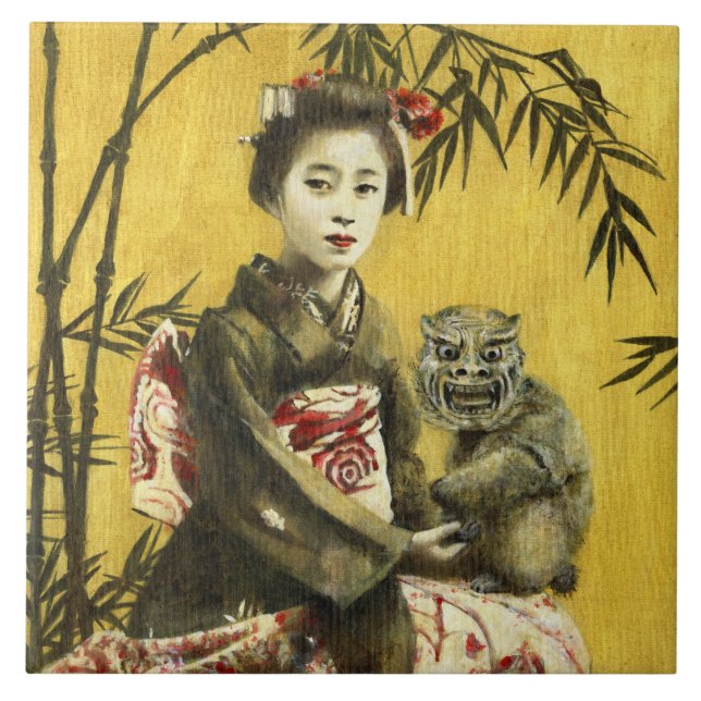 Vintage Japanese Geisha And Demon Ceramic Tile (Front)
