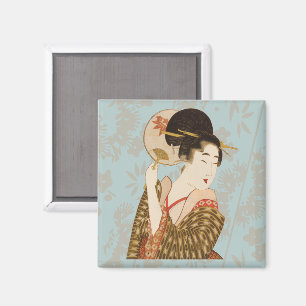 Vintage Japanese Geisha Girl in Kimono with Fan Magnet