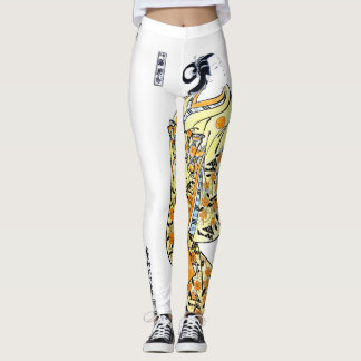 Vintage Japanese Geisha Ukiyo-e Art Orange Floral Leggings