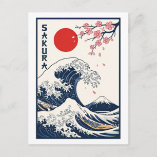 Vintage Japanese Great Wave Cherry Blossom Art Postcard