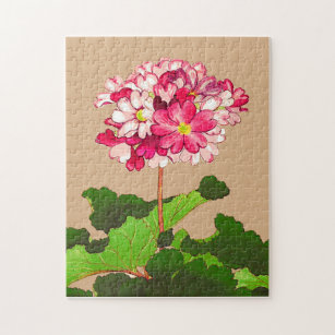 Vintage Japanese Hydrangea. Pink and Green Jigsaw Puzzle