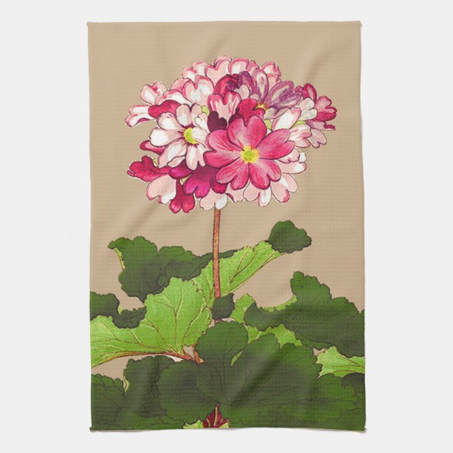 Vintage Japanese Hydrangea. Pink and Green Tea Towel (Vertical)