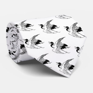 Vintage Japanese Ink Sketch of a Crane Tie
