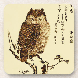 Vintage Japanese Ink Sketch of an Owl Coaster