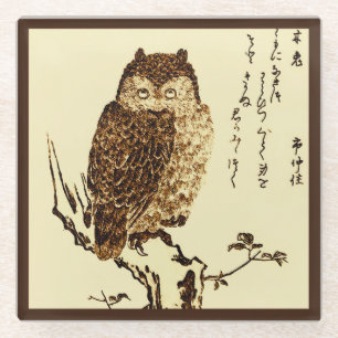 Vintage Japanese Ink Sketch of an Owl Glass Coaster