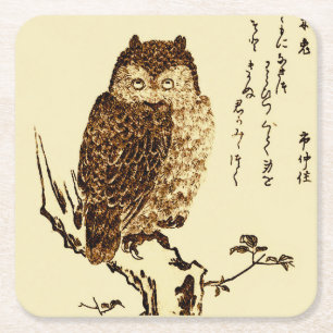 Vintage Japanese Ink Sketch of an Owl Square Paper Coaster