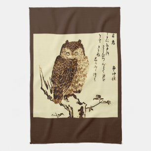 Vintage Japanese Ink Sketch of an Owl Tea Towel