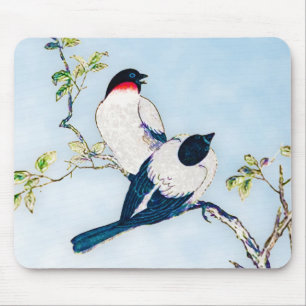 Vintage Japanese Ink Sketch of Finches Mouse Pad
