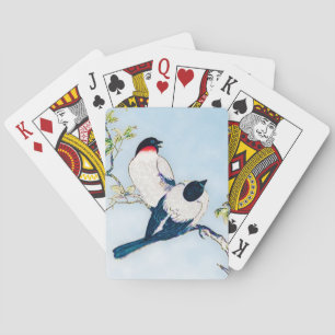 Vintage Japanese Ink Sketch of Finches Playing Cards