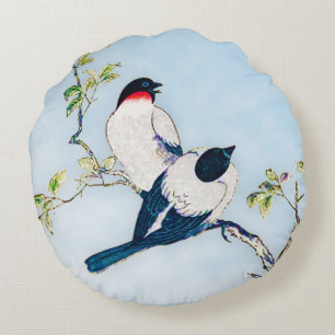 Vintage Japanese Ink Sketch of Finches Round Cushion