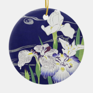 Vintage Japanese Iris Art Print Kogyo Tsukioka Ceramic Tree Decoration
