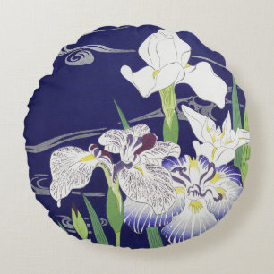 Vintage Japanese Iris Art Print Kogyo Tsukioka Round Cushion