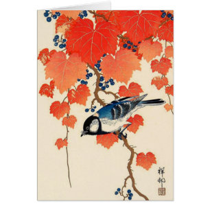 Vintage Japanese Jay Bird and Autumn Grapevine
