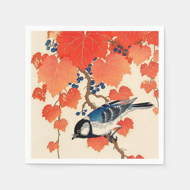 Vintage Japanese Jay Bird and Autumn Grapevine Napkin (Front)