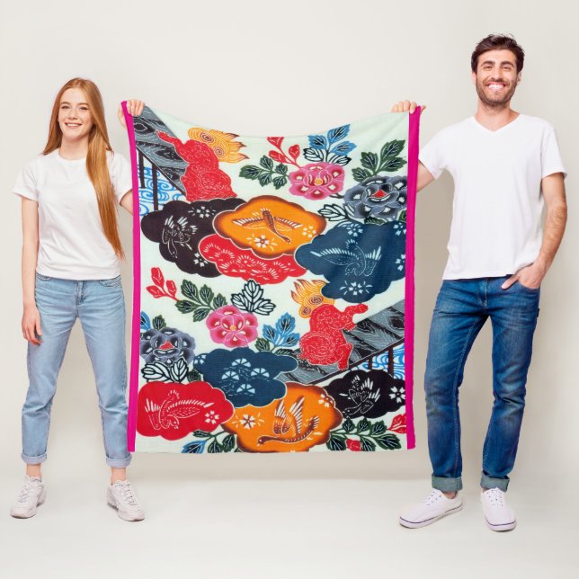 Vintage Japanese Kimono Textile (Bingata) Fleece Blanket (In Situ)